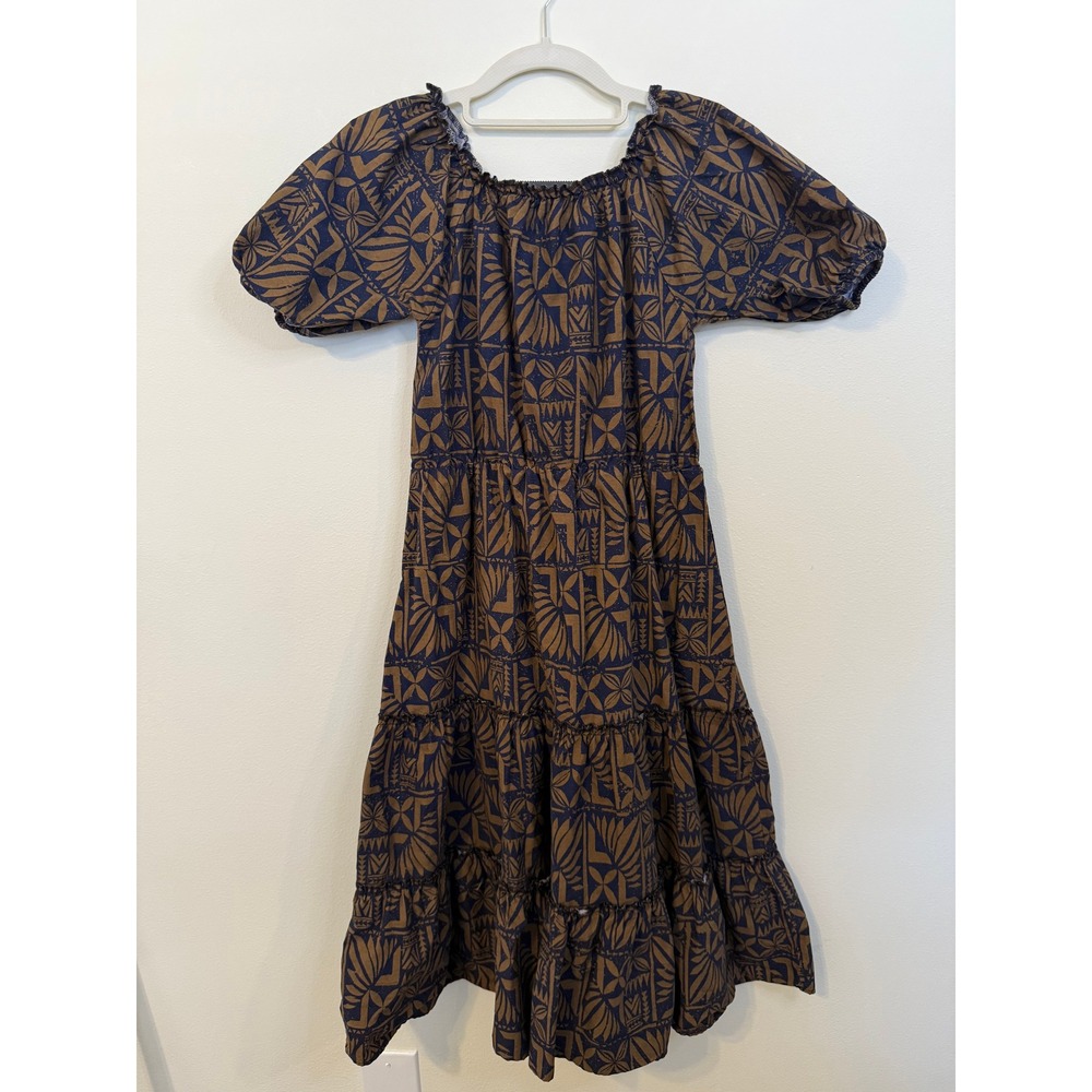 Tanoa Tiered Midi Dress Womens 16P Brown Navy Excellnt Topical Print Puff Slve